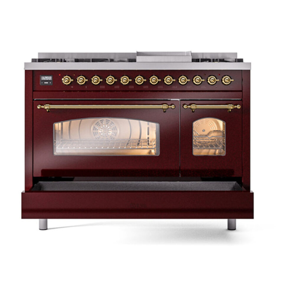 ILVE_UP48FNMPBUGLP_Nostalgie_II_48"_Dual_Fuel_Range_drawer_opened