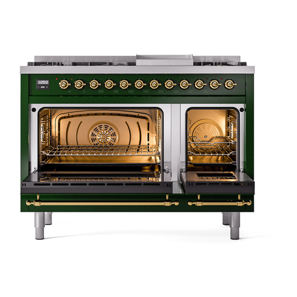 ILVE UP48FNMPEGGLP Nostalgie II 48 inch Dual Fuel Range with 5.02 cu. ft. Total Double Oven Capacity (8 Sealed Burners + Griddle, Liquid Propane, Triple Glass Door, Emerald Green, Brass) 5 ILVE_UP48FNMPEGGLP_Nostalgie_II_48"_Dual_Fuel_Range_oven_door_opened