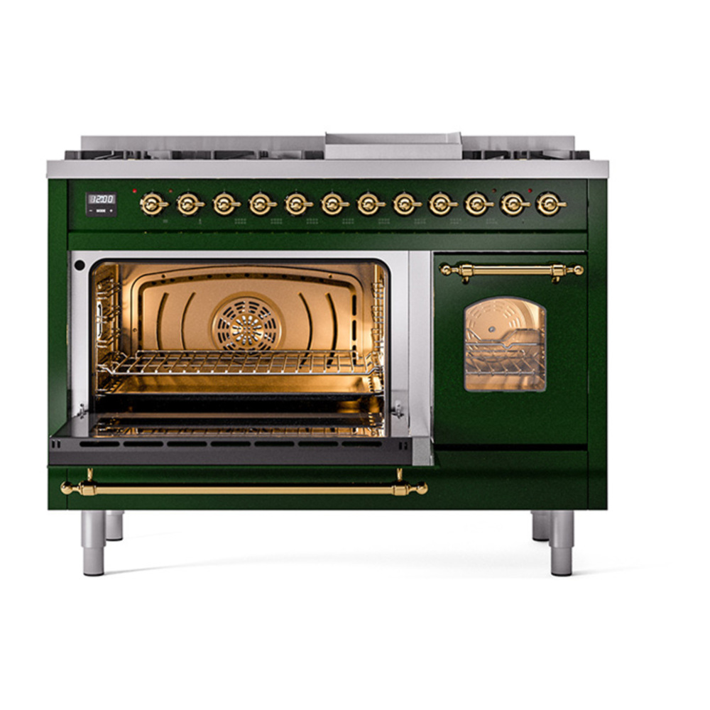 ILVE UP48FNMPEGGLP Nostalgie II 48 inch Dual Fuel Range with 5.02 cu. ft. Total Double Oven Capacity (8 Sealed Burners + Griddle, Liquid Propane, Triple Glass Door, Emerald Green, Brass) 6 ILVE_UP48FNMPEGGLP_Nostalgie_II_48"_Dual_Fuel_Range_main_oven_door_opened