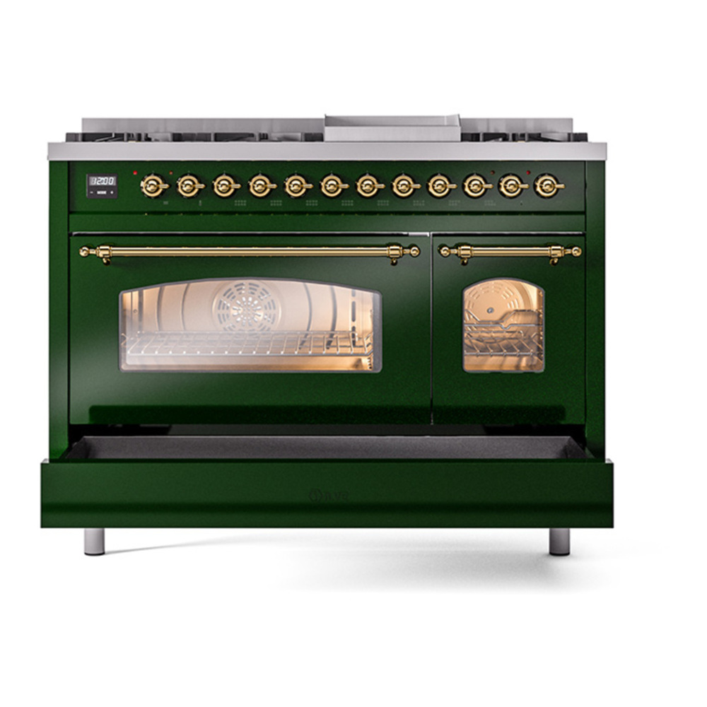 ILVE UP48FNMPEGGLP Nostalgie II 48 inch Dual Fuel Range with 5.02 cu. ft. Total Double Oven Capacity (8 Sealed Burners + Griddle, Liquid Propane, Triple Glass Door, Emerald Green, Brass) 8 ILVE_UP48FNMPEGGLP_Nostalgie_II_48"_Dual_Fuel_Range_drawer_opened