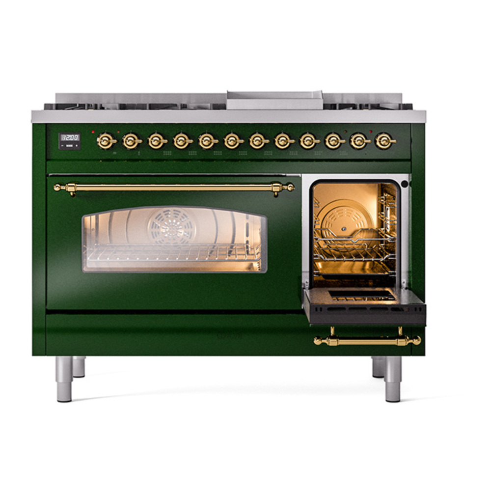 ILVE UP48FNMPEGG Nostalgie II 48 inch Dual Fuel Range with 5.02 cu. ft. Total Double Oven Capacity (8 Sealed Burners + Griddle, Natural Gas, Triple Glass Door, Emerald Green, Brass) 7 ILVE_UP48FNMPEGG_Nostalgie_II_48"_Dual_Fuel_Range_side_oven_door_opened