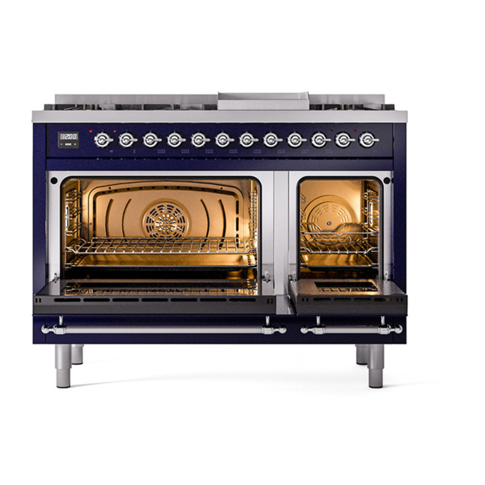 ILVE UP48FNMPMBCLP Nostalgie II 48 inch Dual Fuel Range with 5.02 cu. ft. Total Double Oven Capacity (8 Sealed Burners + Griddle, Liquid Propane, Triple Glass Door, Midnight Blue, Chrome) 5 ILVE_UP48FNMPMBCLP_Nostalgie_II_48"_Dual_Fuel_Range_oven_door_opened