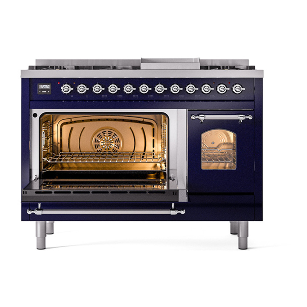 ILVE UP48FNMPMBCLP Nostalgie II 48 inch Dual Fuel Range with 5.02 cu. ft. Total Double Oven Capacity (8 Sealed Burners + Griddle, Liquid Propane, Triple Glass Door, Midnight Blue, Chrome) 6 ILVE_UP48FNMPMBCLP_Nostalgie_II_48"_Dual_Fuel_Range_main_oven_door_opened