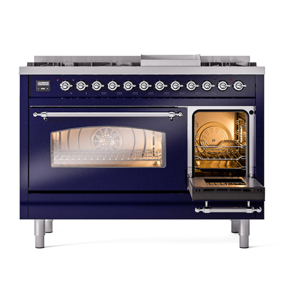 ILVE UP48FNMPMBCLP Nostalgie II 48 inch Dual Fuel Range with 5.02 cu. ft. Total Double Oven Capacity (8 Sealed Burners + Griddle, Liquid Propane, Triple Glass Door, Midnight Blue, Chrome) 7 ILVE_UP48FNMPMBCLP_Nostalgie_II_48"_Dual_Fuel_Range_side_oven_door_opened