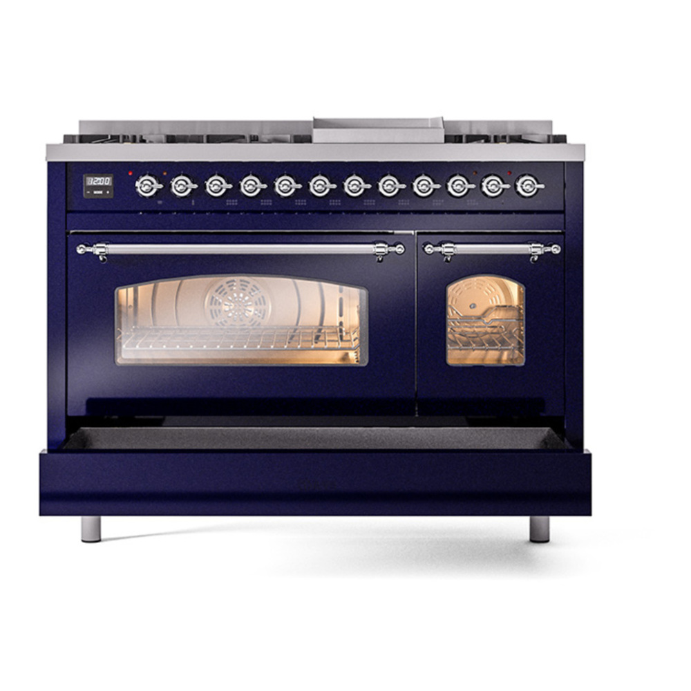 ILVE UP48FNMPMBCLP Nostalgie II 48 inch Dual Fuel Range with 5.02 cu. ft. Total Double Oven Capacity (8 Sealed Burners + Griddle, Liquid Propane, Triple Glass Door, Midnight Blue, Chrome) 8 ILVE_UP48FNMPMBCLP_Nostalgie_II_48"_Dual_Fuel_Range_drawer_opened