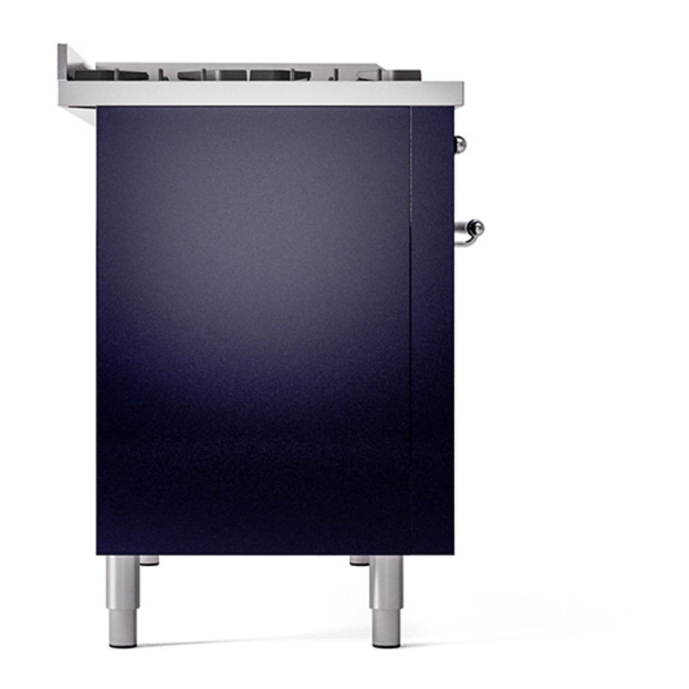 ILVE UP48FNMPMBCLP Nostalgie II 48 inch Dual Fuel Range with 5.02 cu. ft. Total Double Oven Capacity (8 Sealed Burners + Griddle, Liquid Propane, Triple Glass Door, Midnight Blue, Chrome) 11 ILVE_UP48FNMPMBCLP_Nostalgie_II_48"_Dual_Fuel_Range_left_side