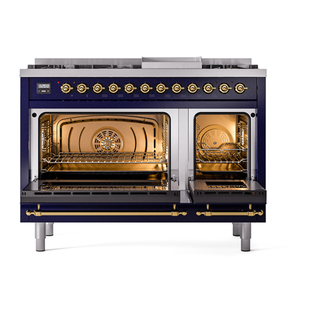 ILVE UP48FNMPMBGLP Nostalgie II 48 inch Dual Fuel Range with 5.02 cu. ft. Total Double Oven Capacity (8 Sealed Burners + Griddle, Liquid Propane, Triple Glass Door, Midnight Blue, Brass) 5 ILVE_UP48FNMPMBGLP_Nostalgie_II_48"_Dual_Fuel_Range_oven_door_opened
