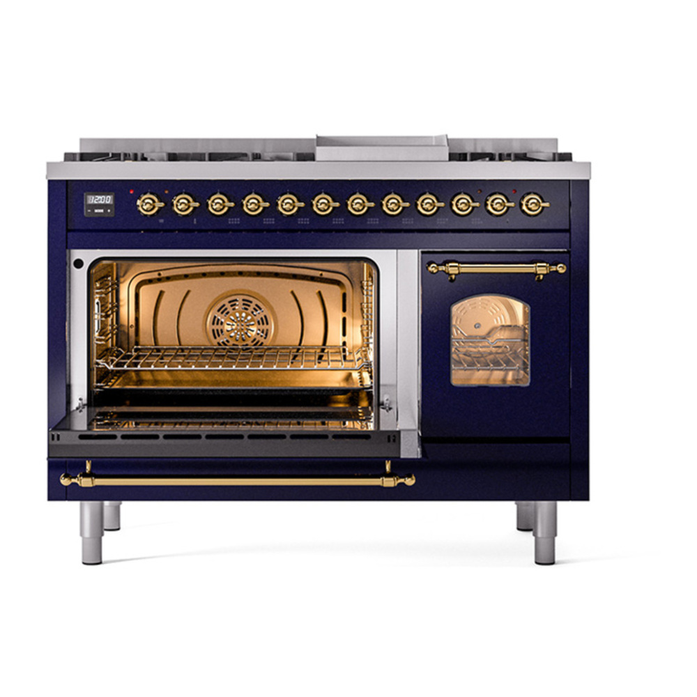 ILVE UP48FNMPMBGLP Nostalgie II 48 inch Dual Fuel Range with 5.02 cu. ft. Total Double Oven Capacity (8 Sealed Burners + Griddle, Liquid Propane, Triple Glass Door, Midnight Blue, Brass) 6 ILVE_UP48FNMPMBGLP_Nostalgie_II_48"_Dual_Fuel_Range_main_oven_door_opened