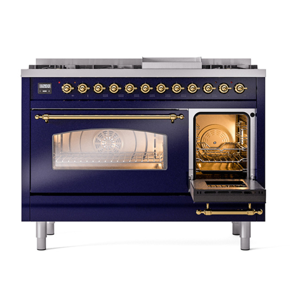 ILVE UP48FNMPMBGLP Nostalgie II 48 inch Dual Fuel Range with 5.02 cu. ft. Total Double Oven Capacity (8 Sealed Burners + Griddle, Liquid Propane, Triple Glass Door, Midnight Blue, Brass) 7 ILVE_UP48FNMPMBGLP_Nostalgie_II_48"_Dual_Fuel_Range_side_oven_door_opened