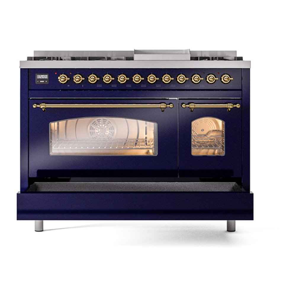ILVE UP48FNMPMBGLP Nostalgie II 48 inch Dual Fuel Range with 5.02 cu. ft. Total Double Oven Capacity (8 Sealed Burners + Griddle, Liquid Propane, Triple Glass Door, Midnight Blue, Brass) 8 ILVE_UP48FNMPMBGLP_Nostalgie_II_48"_Dual_Fuel_Range_drawer_opened