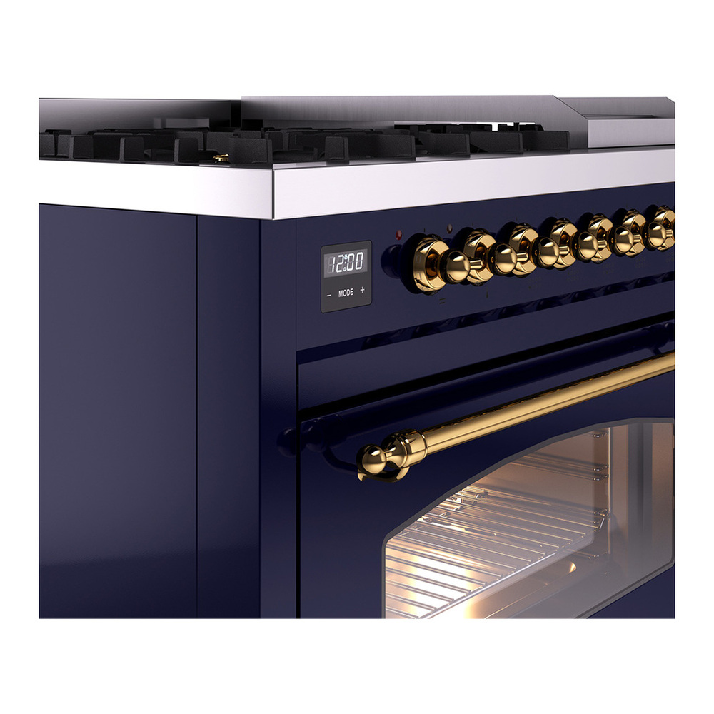 ILVE UP48FNMPMBGLP Nostalgie II 48 inch Dual Fuel Range with 5.02 cu. ft. Total Double Oven Capacity (8 Sealed Burners + Griddle, Liquid Propane, Triple Glass Door, Midnight Blue, Brass) 9 ILVE_UP48FNMPMBGLP_Nostalgie_II_48"_Dual_Fuel_Range_details