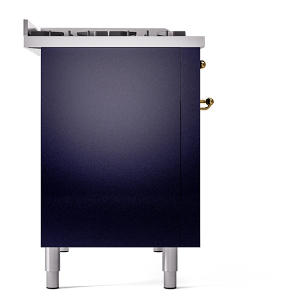 ILVE UP48FNMPMBGLP Nostalgie II 48 inch Dual Fuel Range with 5.02 cu. ft. Total Double Oven Capacity (8 Sealed Burners + Griddle, Liquid Propane, Triple Glass Door, Midnight Blue, Brass) 11 ILVE_UP48FNMPMBGLP_Nostalgie_II_48"_Dual_Fuel_Range_left_side