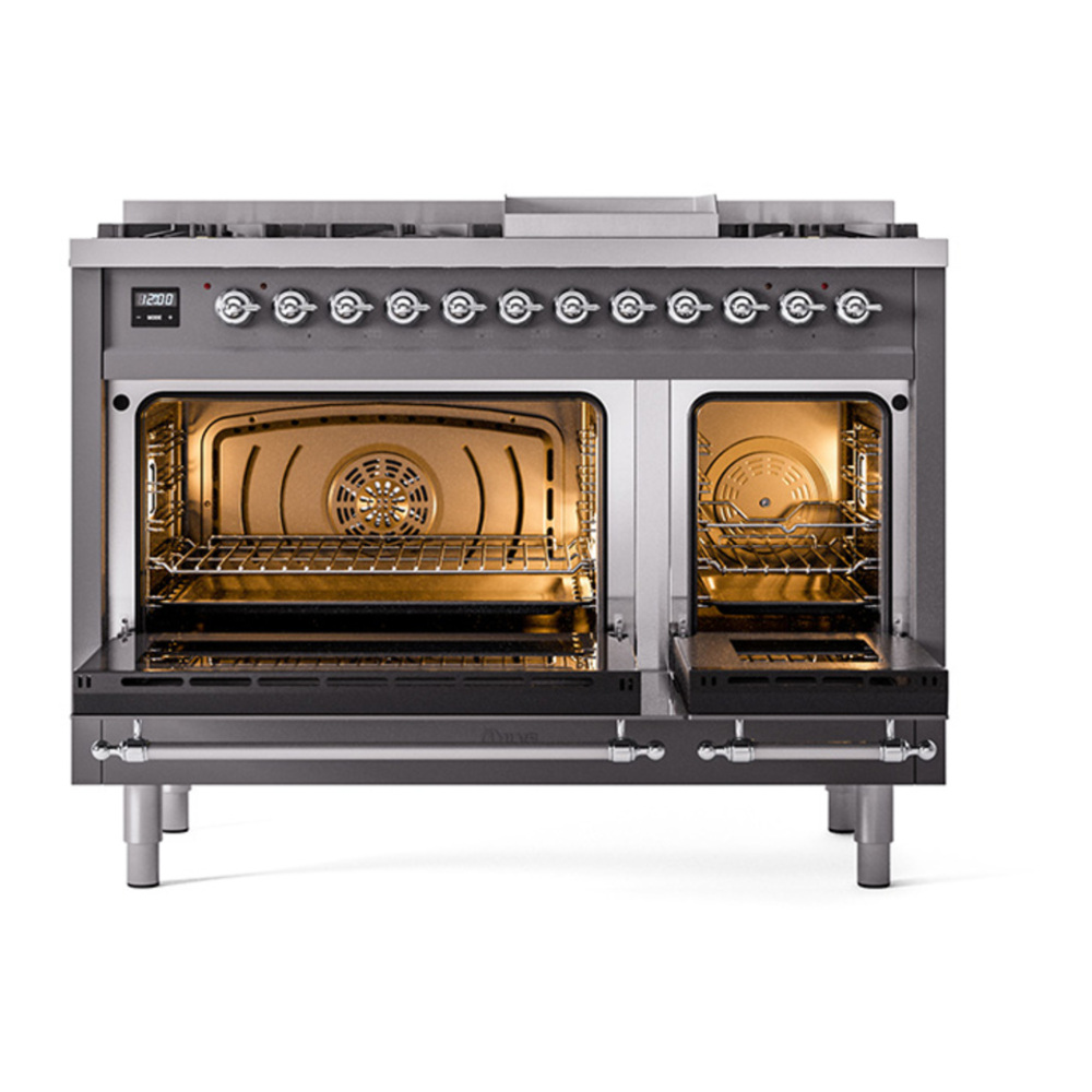 ILVE UP48FNMPMGCLP Nostalgie II 48 inch Dual Fuel Range with 5.02 cu. ft. Total Double Oven Capacity (8 Sealed Burners + Griddle, Liquid Propane, Triple Glass Door, Graphite Matte, Chrome) 5 ILVE_UP48FNMPMGCLP_Nostalgie_II_48"_Dual_Fuel_Range_oven_door_opened