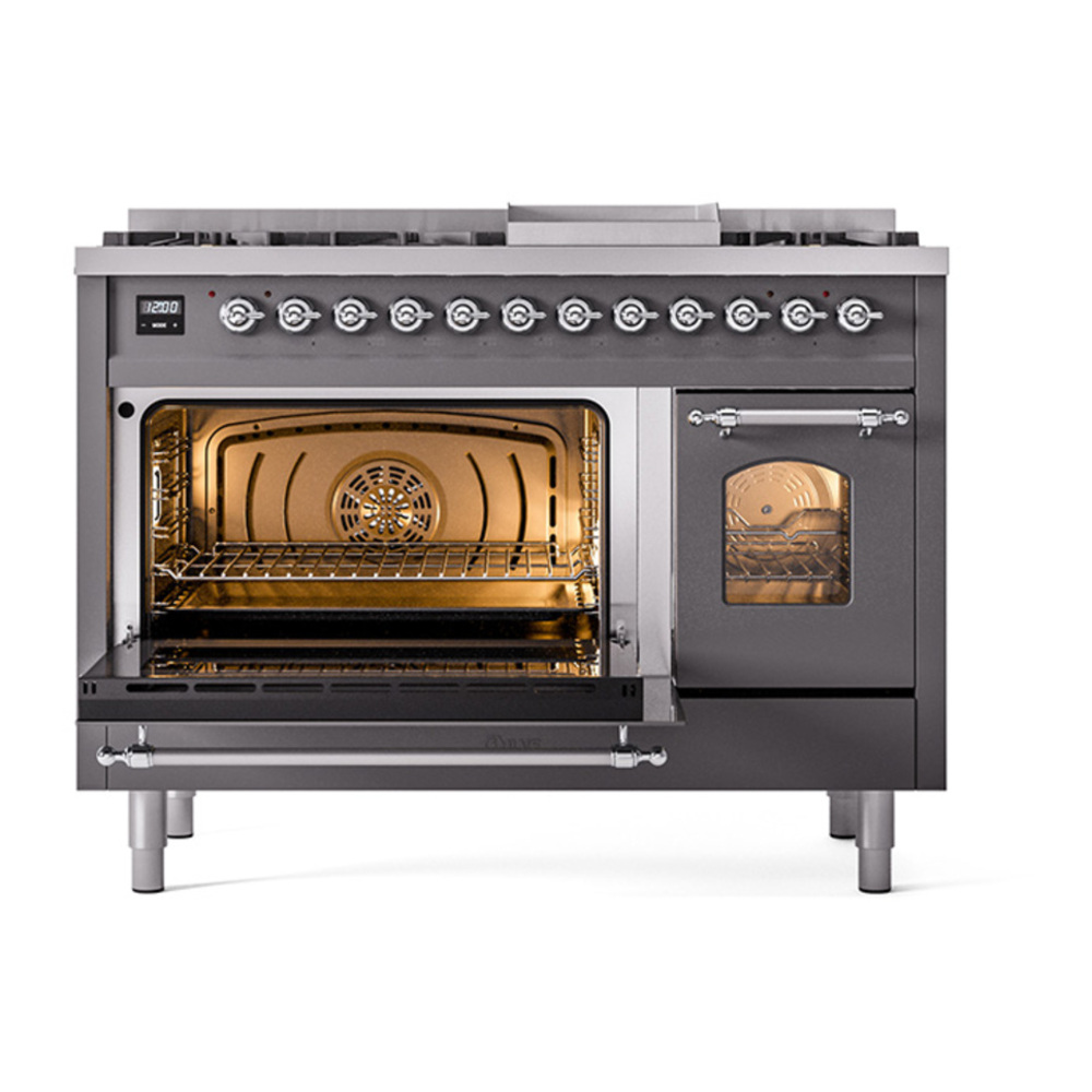 ILVE UP48FNMPMGCLP Nostalgie II 48 inch Dual Fuel Range with 5.02 cu. ft. Total Double Oven Capacity (8 Sealed Burners + Griddle, Liquid Propane, Triple Glass Door, Graphite Matte, Chrome) 6 ILVE_UP48FNMPMGCLP_Nostalgie_II_48"_Dual_Fuel_Range_main_oven_door_opened