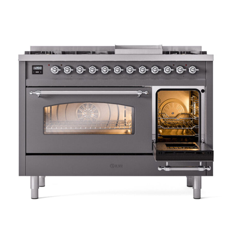ILVE_UP48FNMPMGCLP_Nostalgie_II_48"_Dual_Fuel_Range_side_oven_door_opened