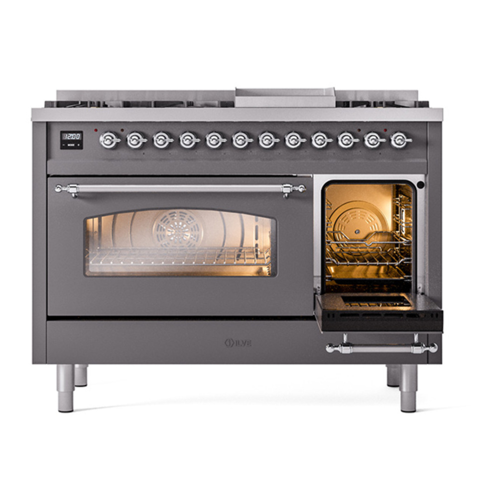 ILVE UP48FNMPMGCLP Nostalgie II 48 inch Dual Fuel Range with 5.02 cu. ft. Total Double Oven Capacity (8 Sealed Burners + Griddle, Liquid Propane, Triple Glass Door, Graphite Matte, Chrome) 7 ILVE_UP48FNMPMGCLP_Nostalgie_II_48"_Dual_Fuel_Range_side_oven_door_opened