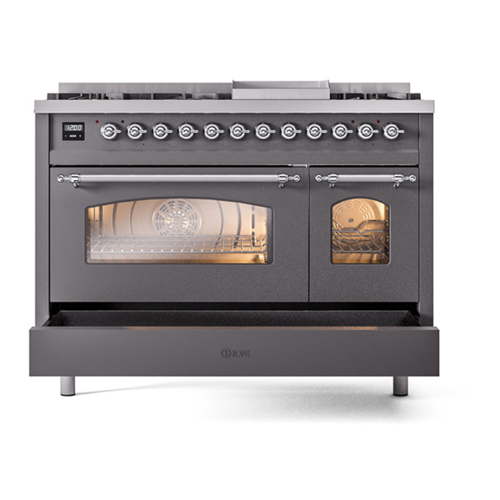 ILVE UP48FNMPMGCLP Nostalgie II 48 inch Dual Fuel Range with 5.02 cu. ft. Total Double Oven Capacity (8 Sealed Burners + Griddle, Liquid Propane, Triple Glass Door, Graphite Matte, Chrome) 8 ILVE_UP48FNMPMGCLP_Nostalgie_II_48"_Dual_Fuel_Range_drawer_opened