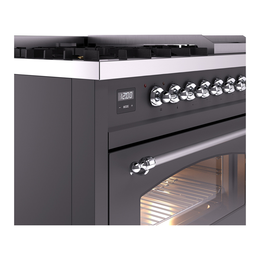 ILVE UP48FNMPMGCLP Nostalgie II 48 inch Dual Fuel Range with 5.02 cu. ft. Total Double Oven Capacity (8 Sealed Burners + Griddle, Liquid Propane, Triple Glass Door, Graphite Matte, Chrome) 9 ILVE_UP48FNMPMGCLP_Nostalgie_II_48"_Dual_Fuel_Range_details