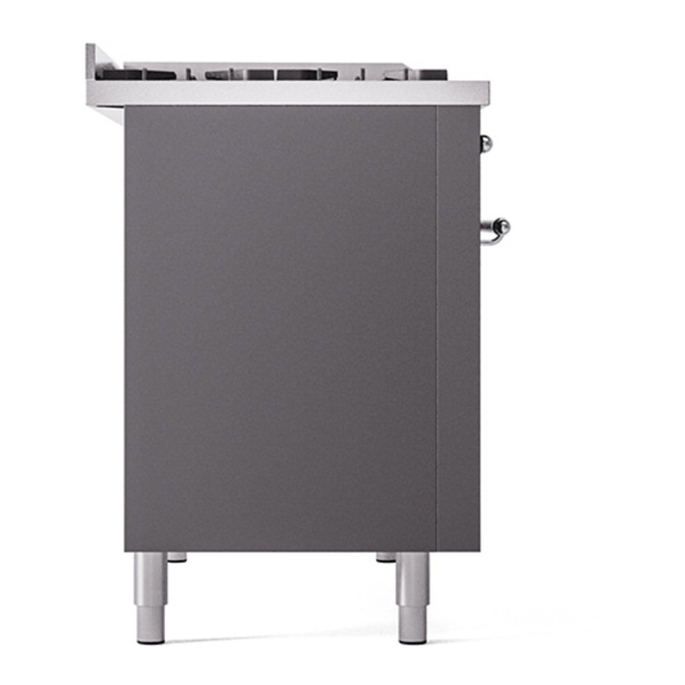ILVE UP48FNMPMGCLP Nostalgie II 48 inch Dual Fuel Range with 5.02 cu. ft. Total Double Oven Capacity (8 Sealed Burners + Griddle, Liquid Propane, Triple Glass Door, Graphite Matte, Chrome) 11 ILVE_UP48FNMPMGCLP_Nostalgie_II_48"_Dual_Fuel_Range_left_side