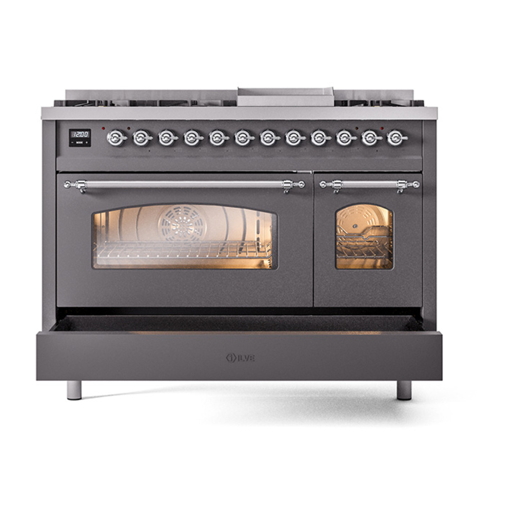 ILVE_UP48FNMPMGC_Nostalgie_II_48"_Dual_Fuel_Range_drawer_opened