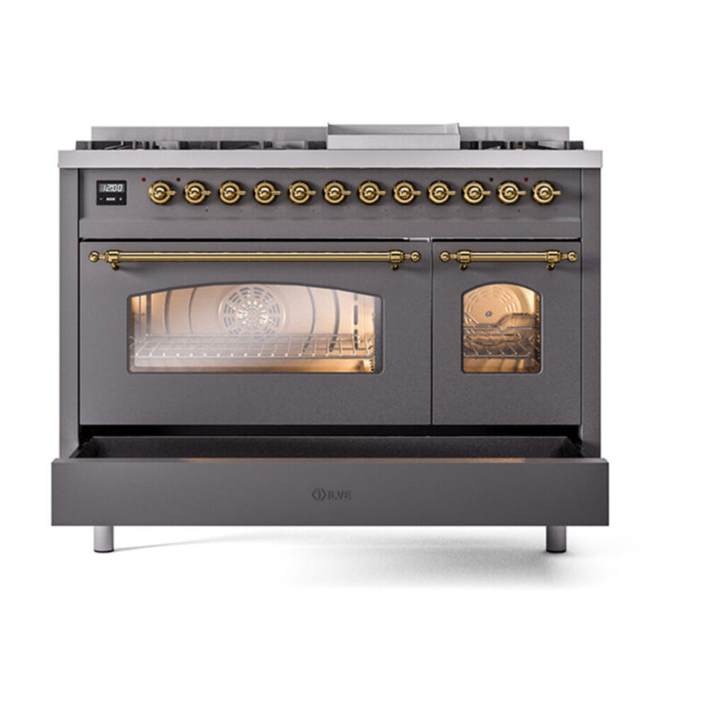 ILVE_UP48FNMPMGGLP_Nostalgie_II_48"_Dual_Fuel_Range_drawer_opened