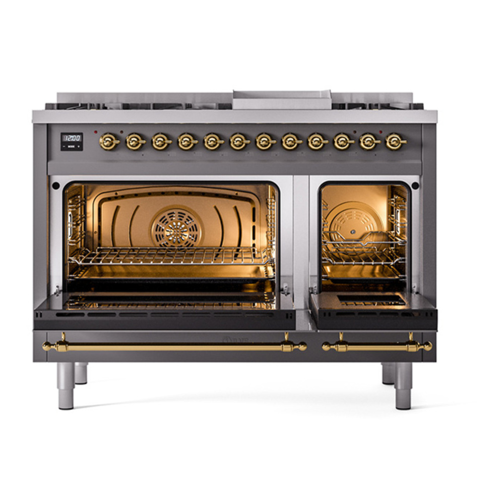 ILVE UP48FNMPMGG Nostalgie II 48 inch Dual Fuel Range with 5.02 cu. ft. Total Double Oven Capacity (8 Sealed Burners + Griddle, Natural Gas, Triple Glass Door, Graphite Matte, Brass) 7 ILVE_UP48FNMPMGG_Nostalgie_II_48"_Dual_Fuel_Range_oven_door_opened