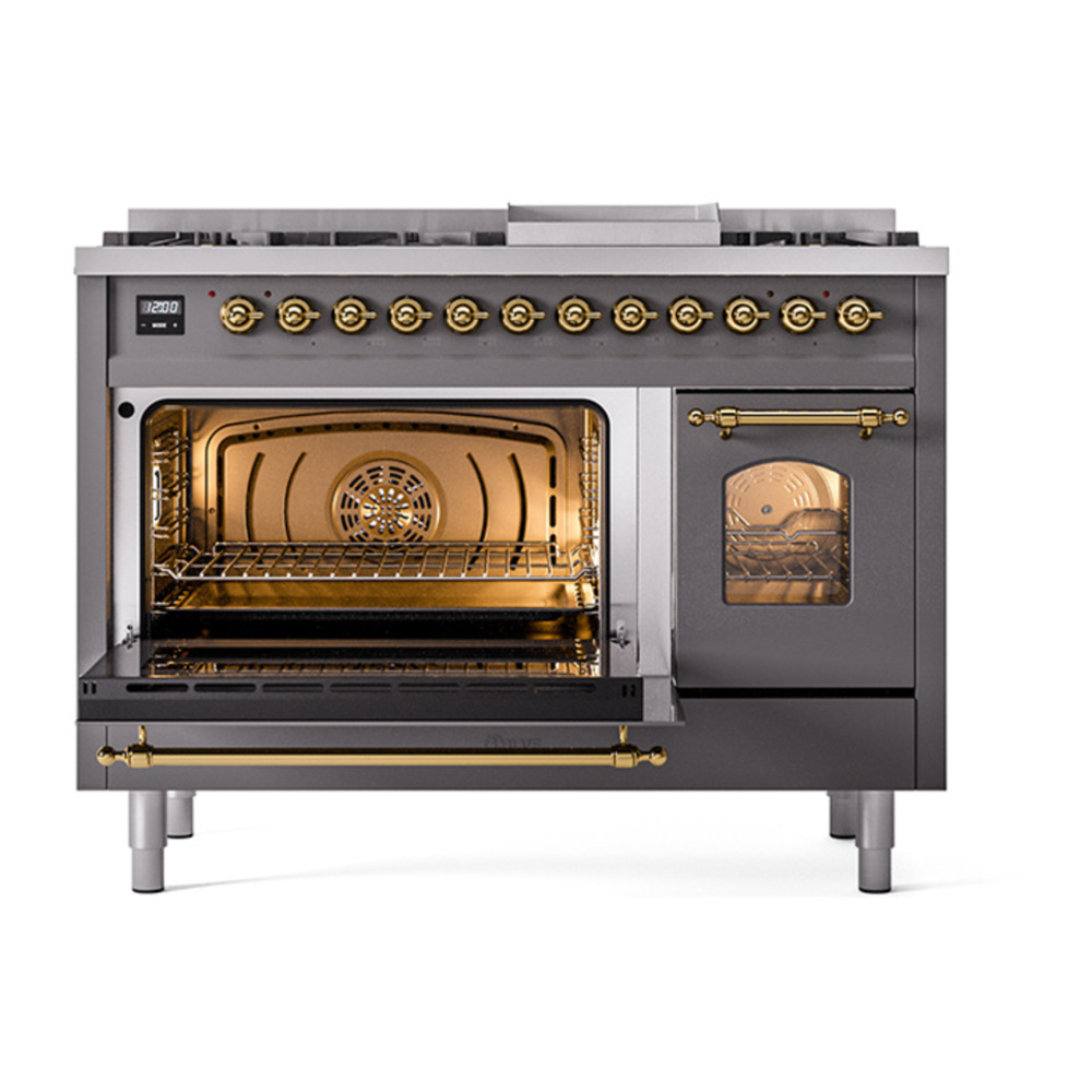 ILVE UP48FNMPMGG Nostalgie II 48 inch Dual Fuel Range with 5.02 cu. ft. Total Double Oven Capacity (8 Sealed Burners + Griddle, Natural Gas, Triple Glass Door, Graphite Matte, Brass) 8 ILVE_UP48FNMPMGG_Nostalgie_II_48"_Dual_Fuel_Range_main_oven_door_opened