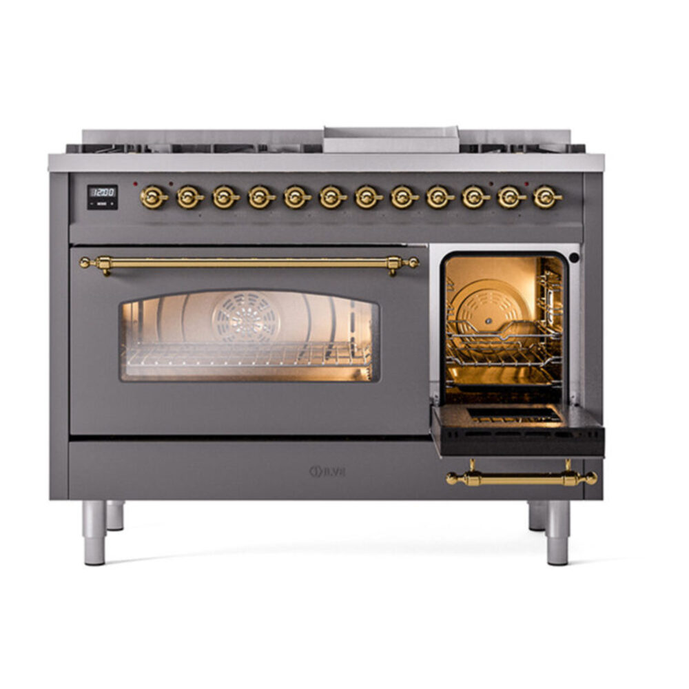 ILVE_UP48FNMPMGG_Nostalgie_II_48"_Dual_Fuel_Range_side_oven_door_opened