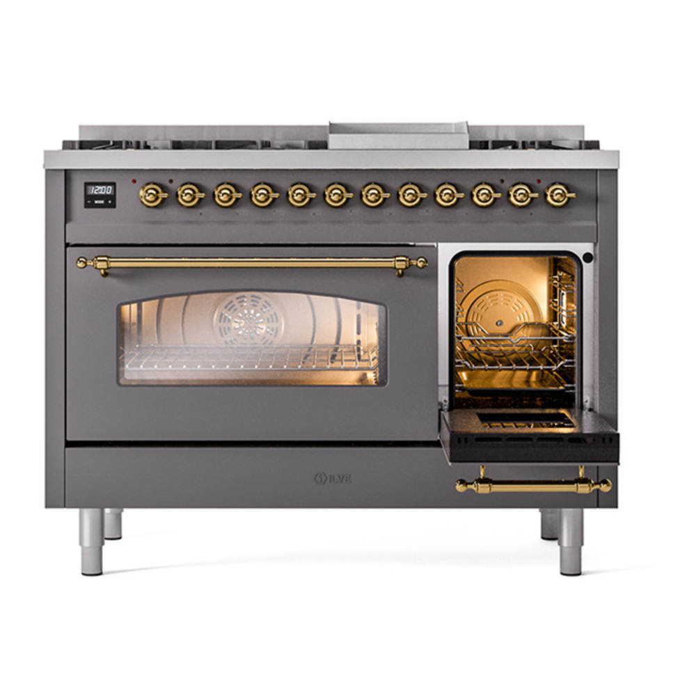 ILVE UP48FNMPMGG Nostalgie II 48 inch Dual Fuel Range with 5.02 cu. ft. Total Double Oven Capacity (8 Sealed Burners + Griddle, Natural Gas, Triple Glass Door, Graphite Matte, Brass) 9 ILVE_UP48FNMPMGG_Nostalgie_II_48"_Dual_Fuel_Range_side_oven_door_opened