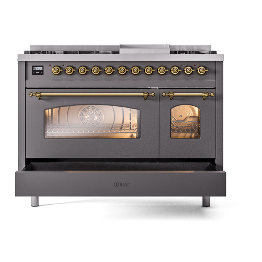 ILVE UP48FNMPMGG Nostalgie II 48 inch Dual Fuel Range with 5.02 cu. ft. Total Double Oven Capacity (8 Sealed Burners + Griddle, Natural Gas, Triple Glass Door, Graphite Matte, Brass) 10 ILVE_UP48FNMPMGG_Nostalgie_II_48"_Dual_Fuel_Range_drawer_opened