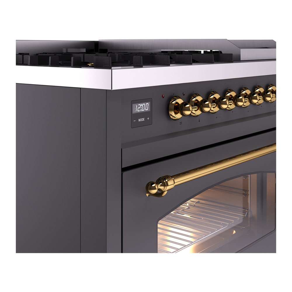 ILVE UP48FNMPMGG Nostalgie II 48 inch Dual Fuel Range with 5.02 cu. ft. Total Double Oven Capacity (8 Sealed Burners + Griddle, Natural Gas, Triple Glass Door, Graphite Matte, Brass) 11 ILVE_UP48FNMPMGG_Nostalgie_II_48"_Dual_Fuel_Range_details