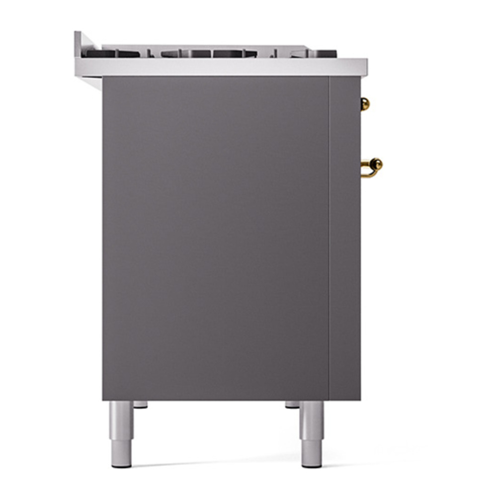 ILVE UP48FNMPMGG Nostalgie II 48 inch Dual Fuel Range with 5.02 cu. ft. Total Double Oven Capacity (8 Sealed Burners + Griddle, Natural Gas, Triple Glass Door, Graphite Matte, Brass) 13 ILVE_UP48FNMPMGG_Nostalgie_II_48"_Dual_Fuel_Range_left_side