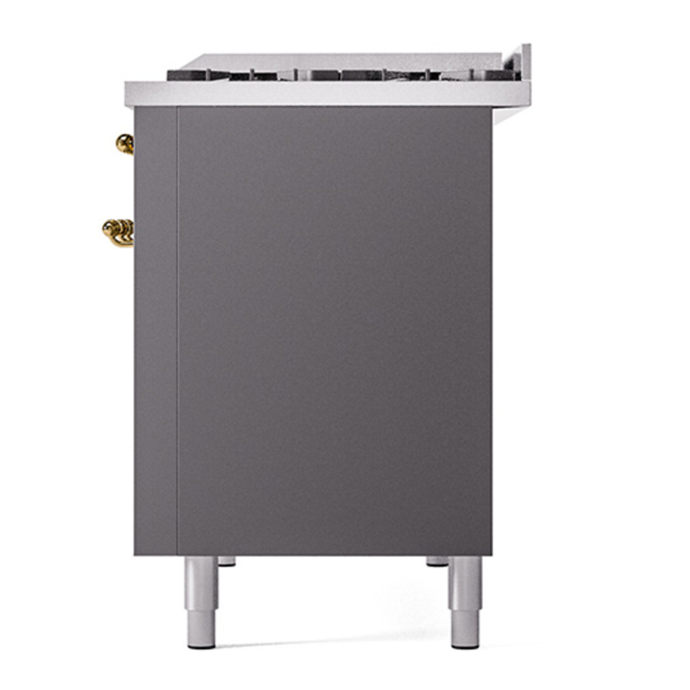 ILVE UP48FNMPMGG Nostalgie II 48 inch Dual Fuel Range with 5.02 cu. ft. Total Double Oven Capacity (8 Sealed Burners + Griddle, Natural Gas, Triple Glass Door, Graphite Matte, Brass) 14 ILVE_UP48FNMPMGG_Nostalgie_II_48"_Dual_Fuel_Range_right_side
