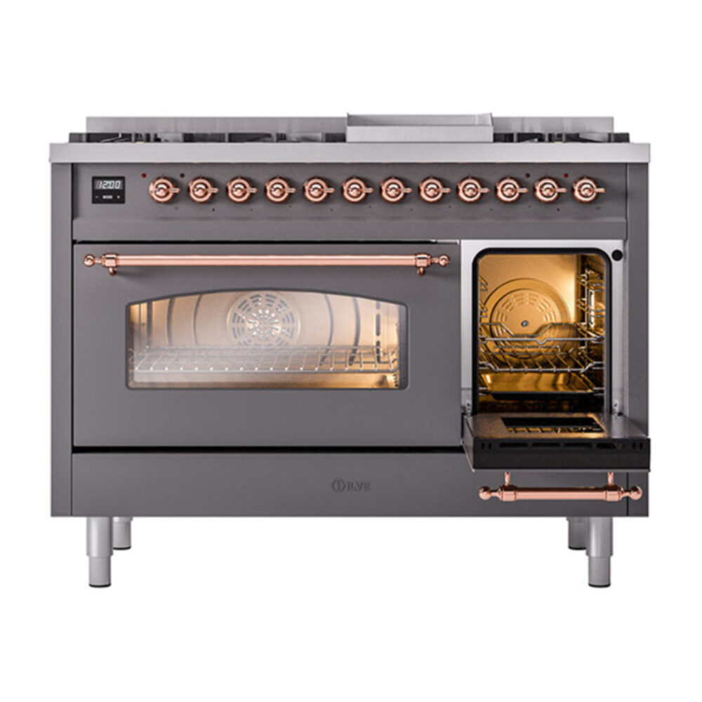 ILVE_UP48FNMPMGPLP_Nostalgie_II_48"_Dual_Fuel_Range_side_oven_door_opened