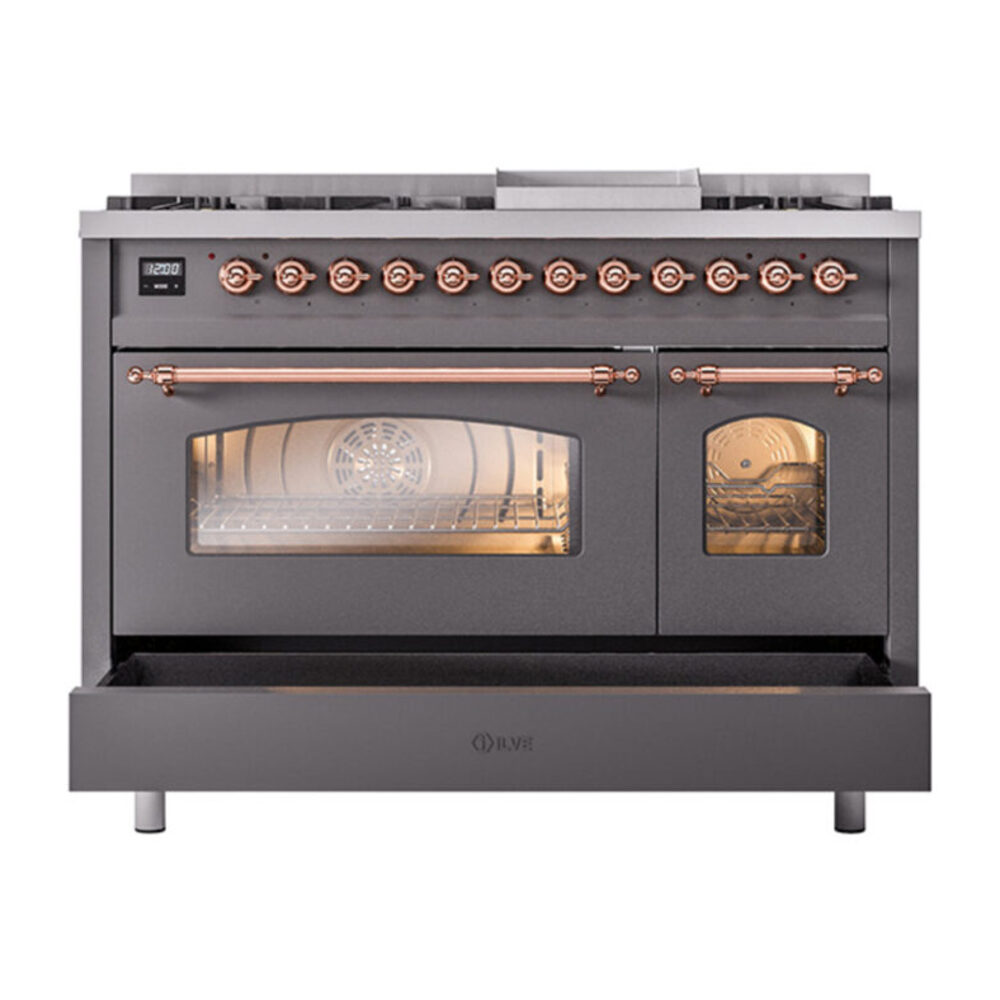 ILVE_UP48FNMPMGPLP_Nostalgie_II_48"_Dual_Fuel_Range_drawer_opened