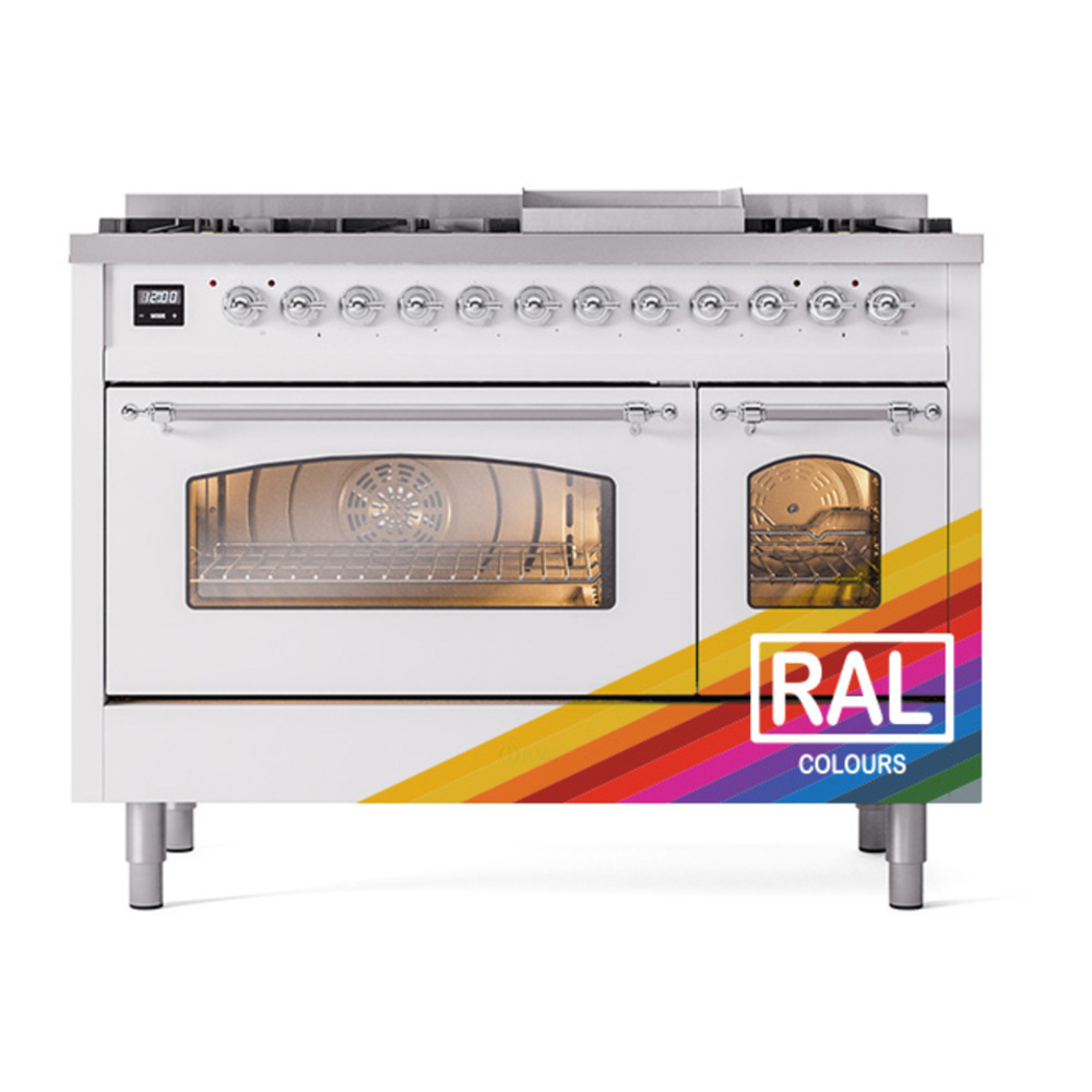 ILVE UP48FNMPRACLP Nostalgie II 48 inch Dual Fuel Range with 5.02 cu. ft. Total Double Oven Capacity (8 Sealed Burners + Griddle, Liquid Propane, Triple Glass Door, RAL, Chrome) 5 ILVE_UP48FNMPRACLP_Nostalgie_II_48"_Dual_Fuel_Range_front_view