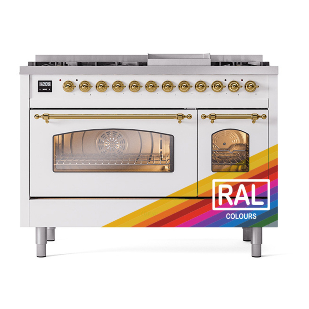 ILVE UP48FNMPRAGLP Nostalgie II 48 inch Dual Fuel Range with 5.02 cu. ft. Total Double Oven Capacity (8 Sealed Burners + Griddle, Liquid Propane, Triple Glass Door, RAL, Brass) 5 ILVE_UP48FNMPRAGLP_Nostalgie_II_48"_Dual_Fuel_Range_front_view
