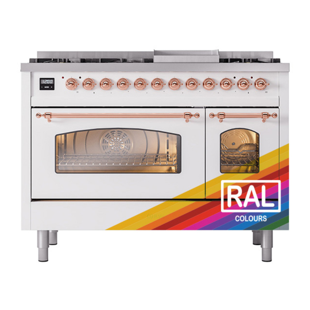 ILVE UP48FNMPRAPLP Nostalgie II 48 inch Dual Fuel Range with 5.02 cu. ft. Total Double Oven Capacity (8 Sealed Burners + Griddle, Liquid Propane, Triple Glass Door, RAL, Copper) 5 ILVE_UP48FNMPRAPLP_Nostalgie_II_48"_Dual_Fuel_Range_front_view
