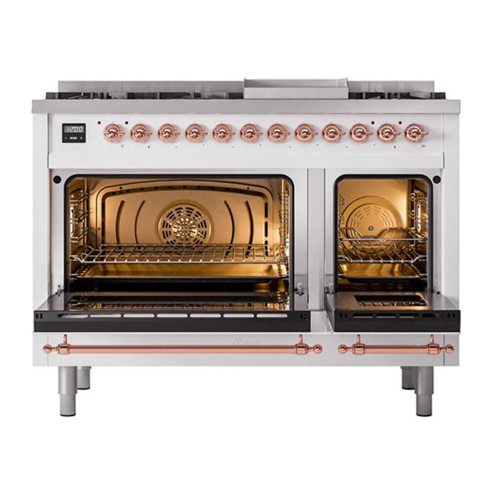 ILVE UP48FNMPRAPLP Nostalgie II 48 inch Dual Fuel Range with 5.02 cu. ft. Total Double Oven Capacity (8 Sealed Burners + Griddle, Liquid Propane, Triple Glass Door, RAL, Copper) 6 ILVE_UP48FNMPRAPLP_Nostalgie_II_48"_Dual_Fuel_Range_oven_door_opened