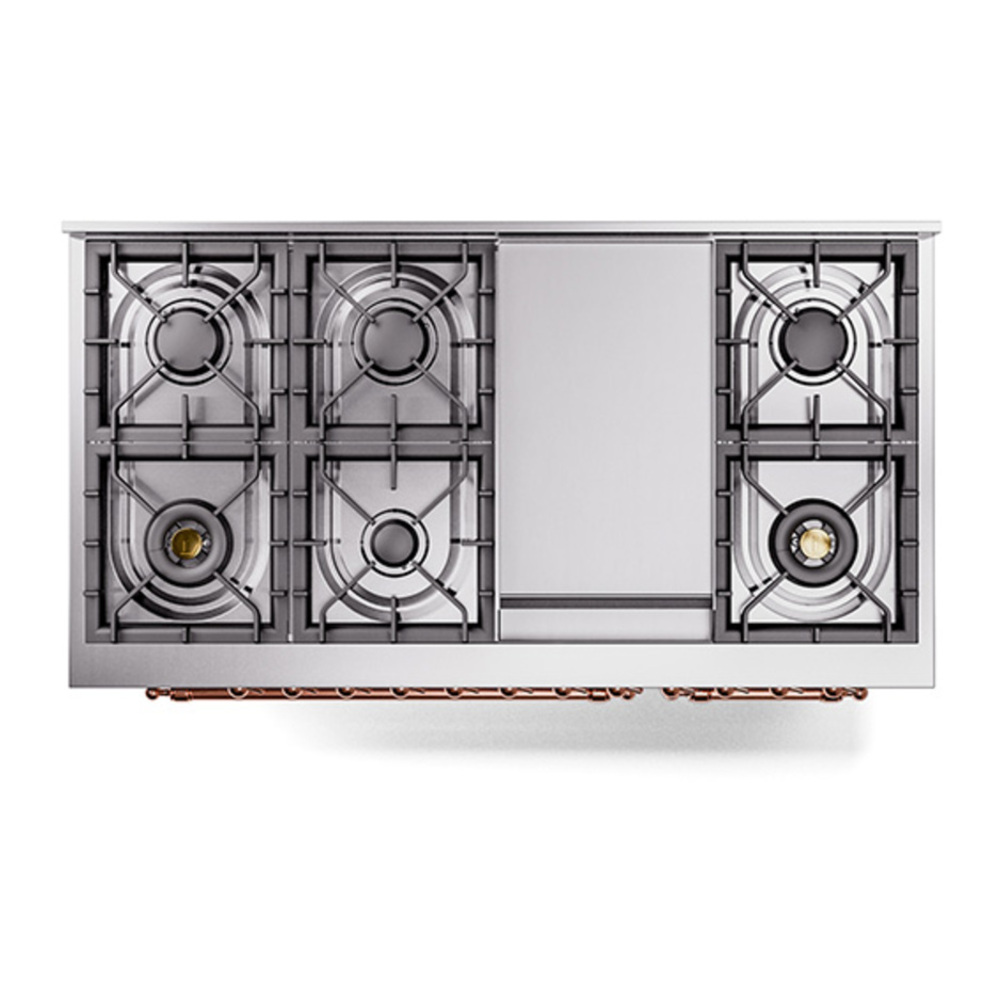 ILVE UP48FNMPRAPLP Nostalgie II 48 inch Dual Fuel Range with 5.02 cu. ft. Total Double Oven Capacity (8 Sealed Burners + Griddle, Liquid Propane, Triple Glass Door, RAL, Copper) 7 ILVE_UP48FNMPRAPLP_Nostalgie_II_48"_Dual_Fuel_Range_top_view