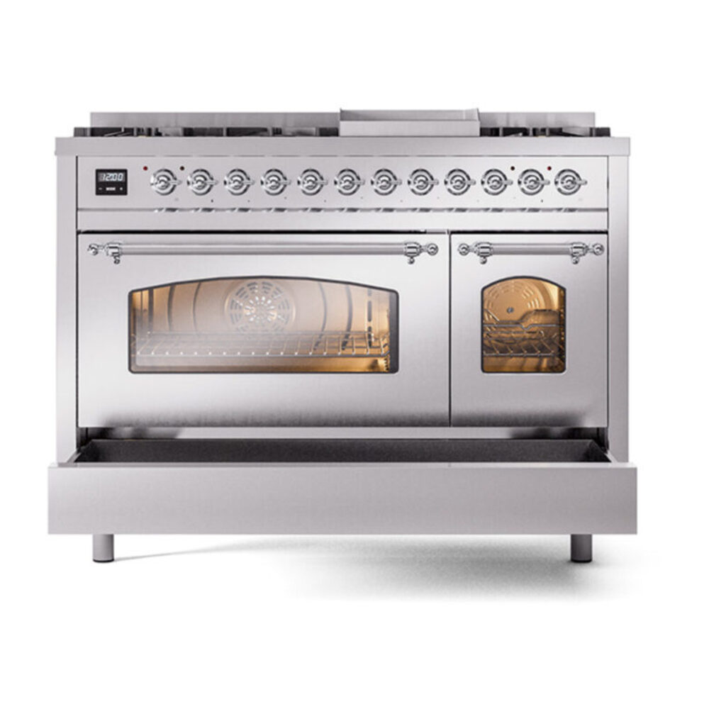 ILVE_UP48FNMPSSCLP_Nostalgie_II_48"_Dual_Fuel_Range_drawer_opened