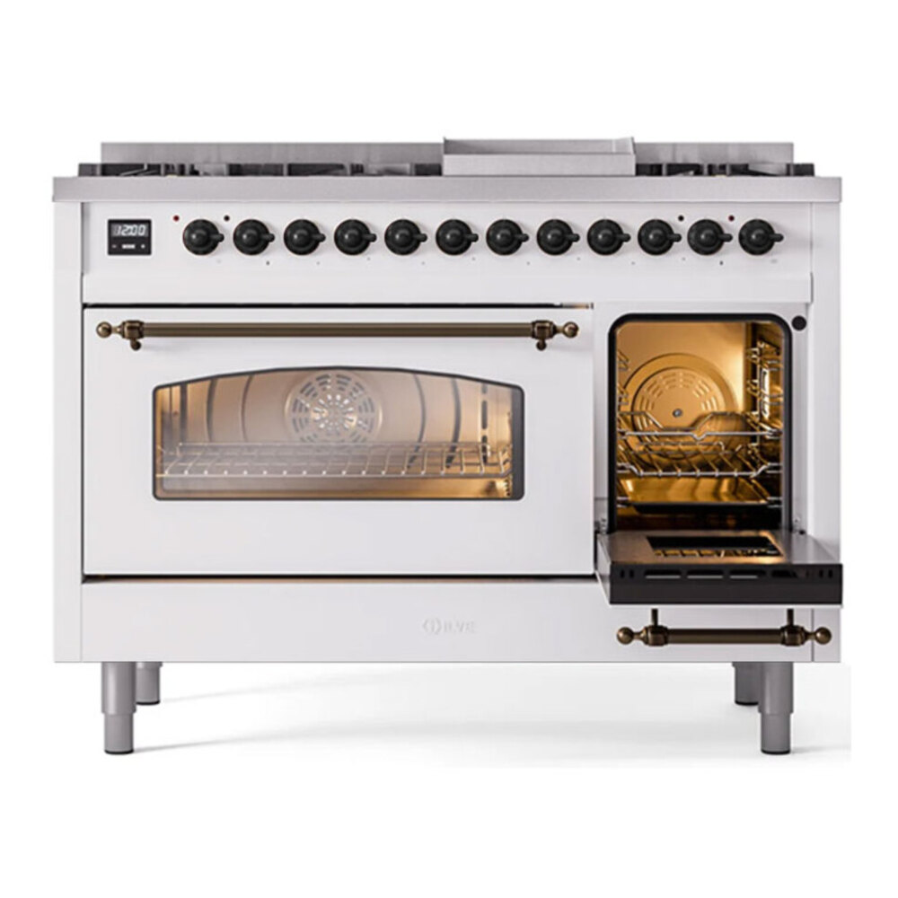 ILVE UP48FNMPWHBLP Nostalgie II 48 inch Dual Fuel Range with 5.02 cu. ft. Total Double Oven Capacity (8 Sealed Burners + Griddle, Liquid Propane, Triple Glass Door, White, Burnished) 7 ILVE UP48F Nostalgie II 48 inch Dual Fuel Range with 5.02 cu. ft. Total Double Oven Capacity