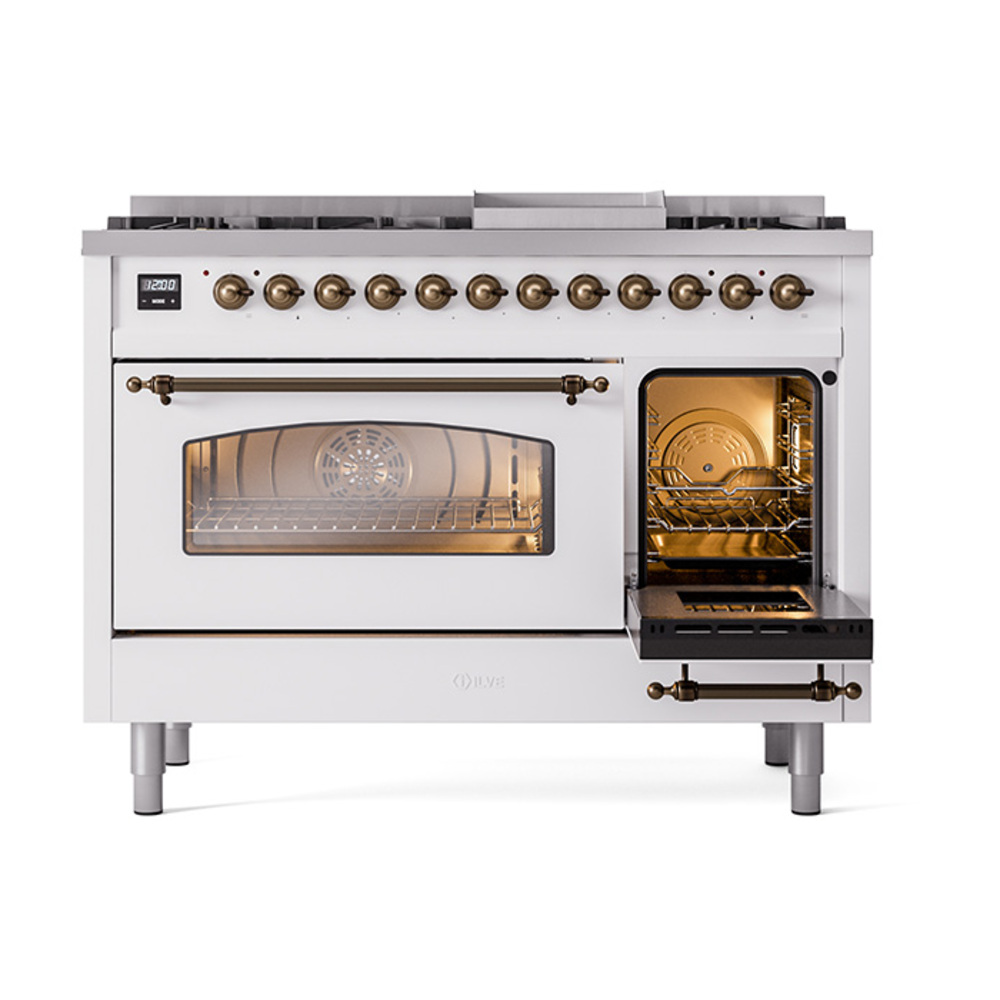 ILVE_UP48FNMPWHBLP_Nostalgie_II_48"_Dual_Fuel_Range_side_oven_door_opened