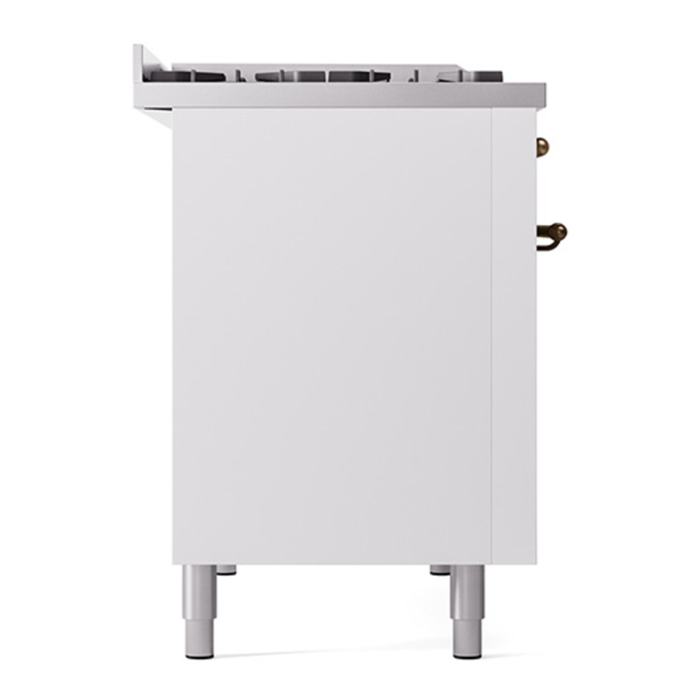 ILVE UP48FNMPWHBLP Nostalgie II 48 inch Dual Fuel Range with 5.02 cu. ft. Total Double Oven Capacity (8 Sealed Burners + Griddle, Liquid Propane, Triple Glass Door, White, Burnished) 11 ILVE_UP48FNMPWHBLP_Nostalgie_II_48"_Dual_Fuel_Range_left_side