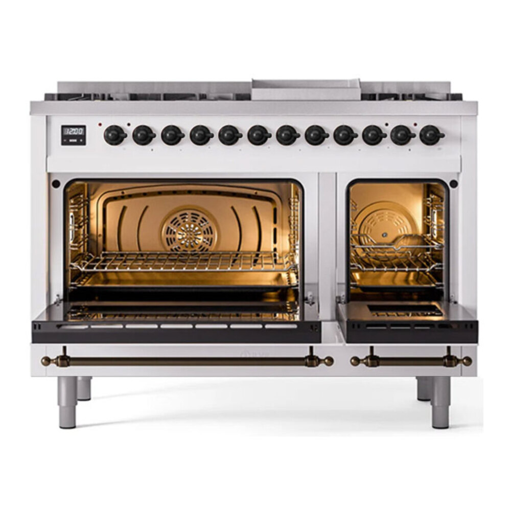 ILVE UP48FNMPWHB Nostalgie II 48 inch Dual Fuel Range with 5.02 cu. ft. Total Double Oven Capacity (8 Sealed Burners + Griddle, Natural Gas, Triple Glass Door, White, Burnished) 5 ILVE UP48F Nostalgie II 48 inch Dual Fuel Range with 5.02 cu. ft. Total Double Oven Capacity