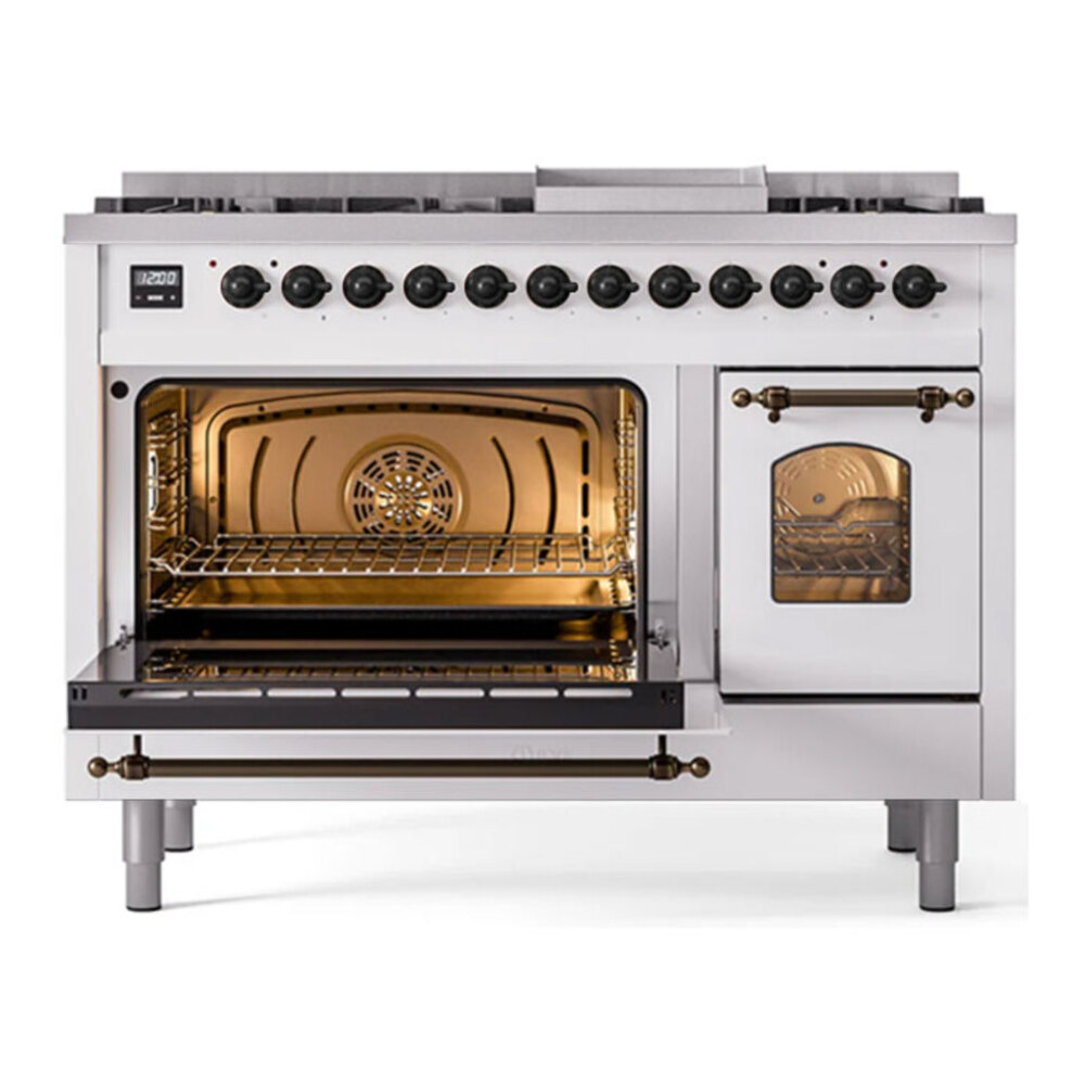 ILVE UP48FNMPWHB Nostalgie II 48 inch Dual Fuel Range with 5.02 cu. ft. Total Double Oven Capacity (8 Sealed Burners + Griddle, Natural Gas, Triple Glass Door, White, Burnished) 6 ILVE UP48F Nostalgie II 48 inch Dual Fuel Range with 5.02 cu. ft. Total Double Oven Capacity