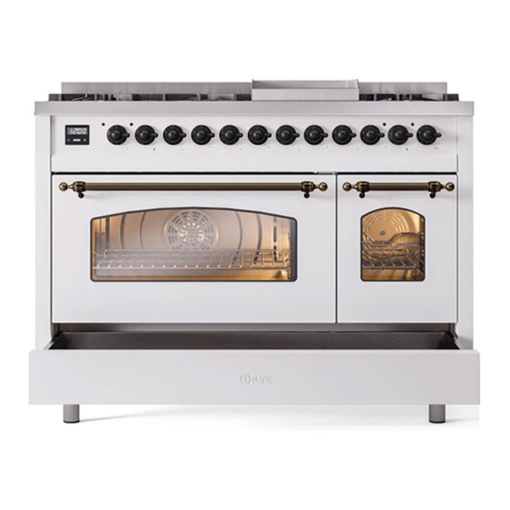 ILVE UP48FNMPWHB Nostalgie II 48 inch Dual Fuel Range with 5.02 cu. ft. Total Double Oven Capacity (8 Sealed Burners + Griddle, Natural Gas, Triple Glass Door, White, Burnished) 8 ILVE UP48F Nostalgie II 48 inch Dual Fuel Range with 5.02 cu. ft. Total Double Oven Capacity