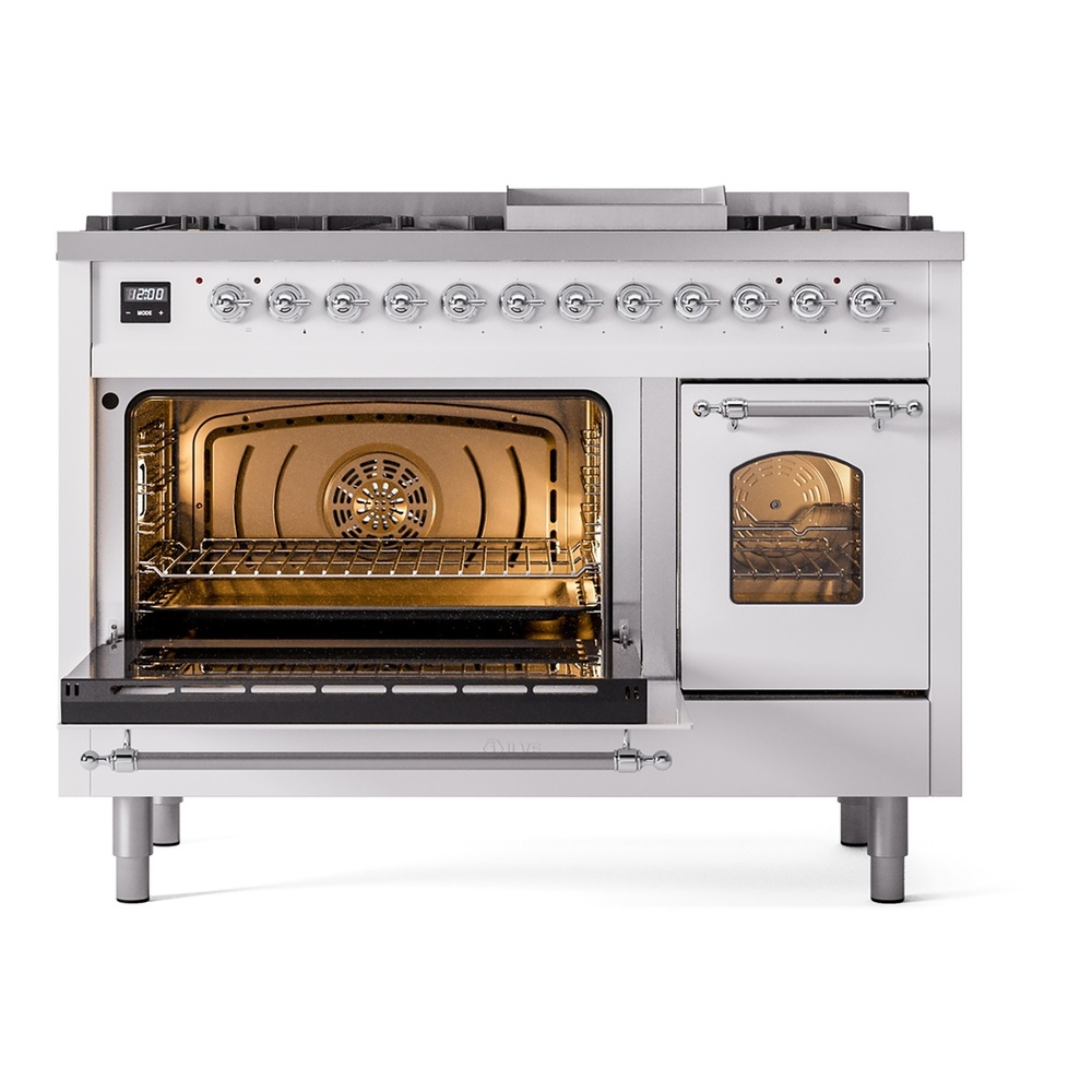 ILVE UP48FNMPWHCLP Nostalgie II 48 inch Dual Fuel Range with 5.02 cu. ft. Total Double Oven Capacity (8 Sealed Burners + Griddle, Liquid Propane, Triple Glass Door, White, Chrome) 6 ILVE_UP48FNMPWHCLP_Nostalgie_II_48"_Dual_Fuel_Range_main_oven_door_opened