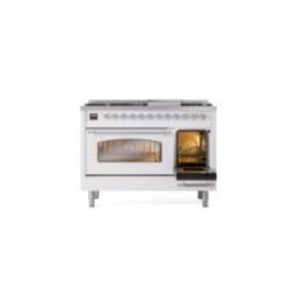 ILVE_UP48FNMPWHCLP_Nostalgie_II_48"_Dual_Fuel_Range_side_oven_door_opened