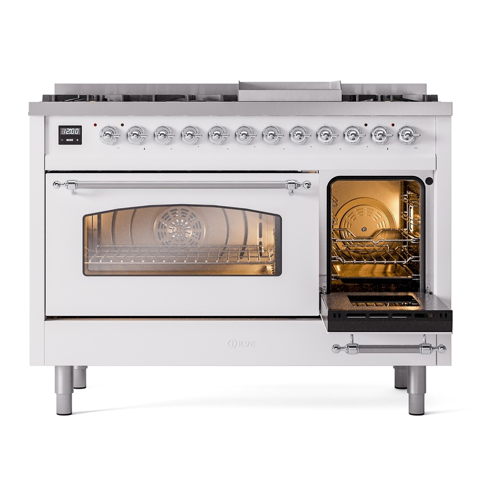 ILVE UP48FNMPWHCLP Nostalgie II 48 inch Dual Fuel Range with 5.02 cu. ft. Total Double Oven Capacity (8 Sealed Burners + Griddle, Liquid Propane, Triple Glass Door, White, Chrome) 7 ILVE_UP48FNMPWHCLP_Nostalgie_II_48"_Dual_Fuel_Range_side_oven_door_opened